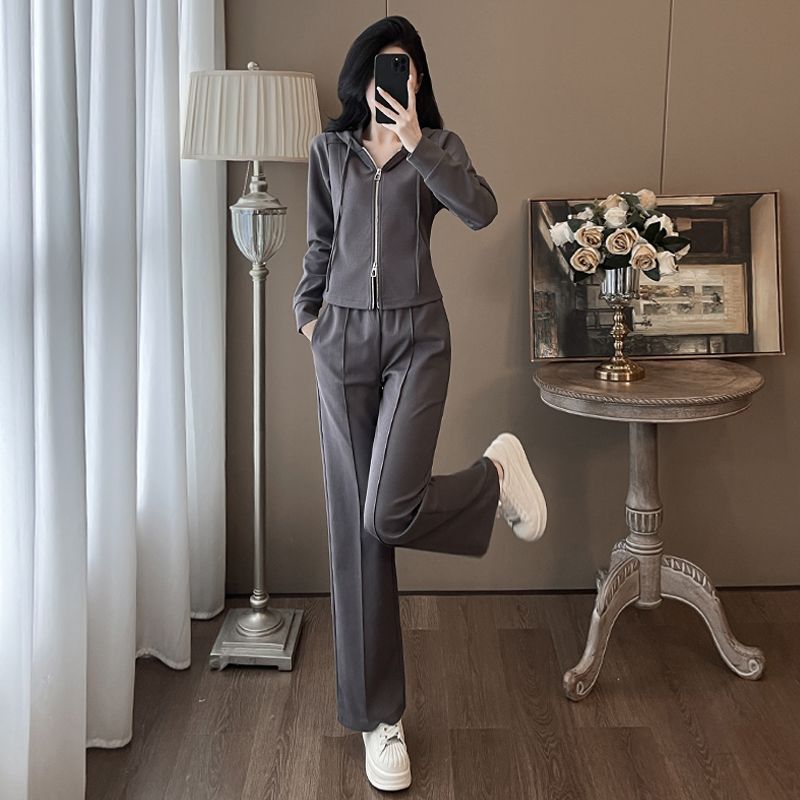Fashionable Temperament Suit, Lazy Style Hooded Slim Fit Zipper Sweatshirt Casual Wide-leg Pants Two-piece Set