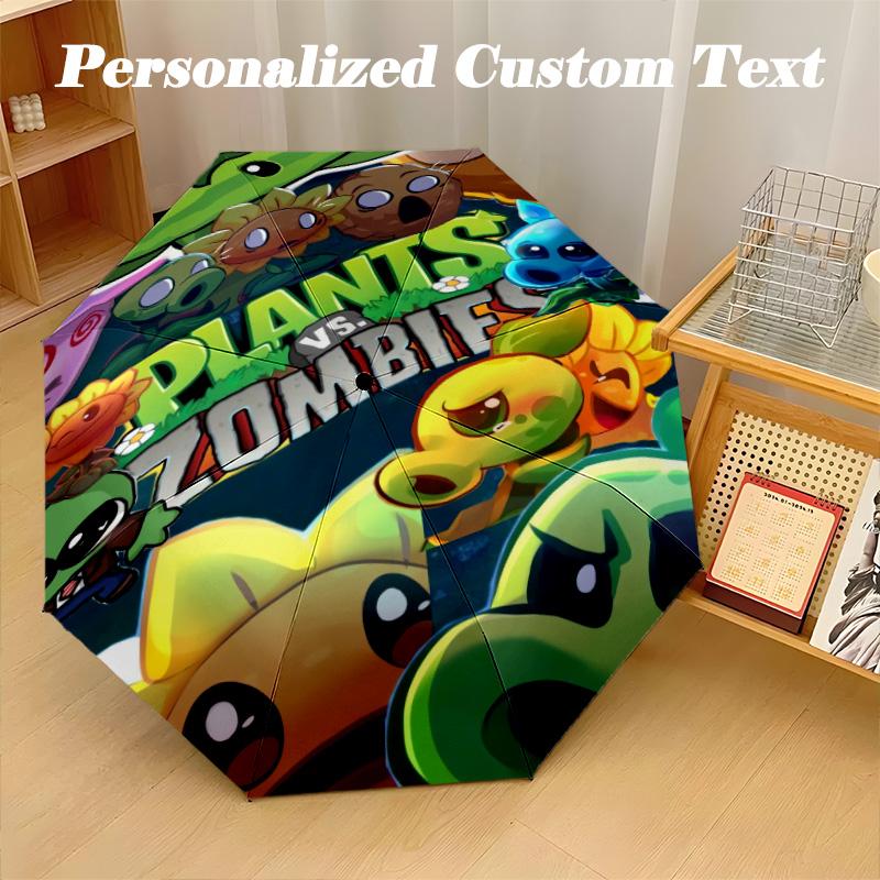 Windproof Folding Umbrella, 8‑Rib Auto Open Close Plants Vs. Zombies Umbrella for Rain Sun Protection