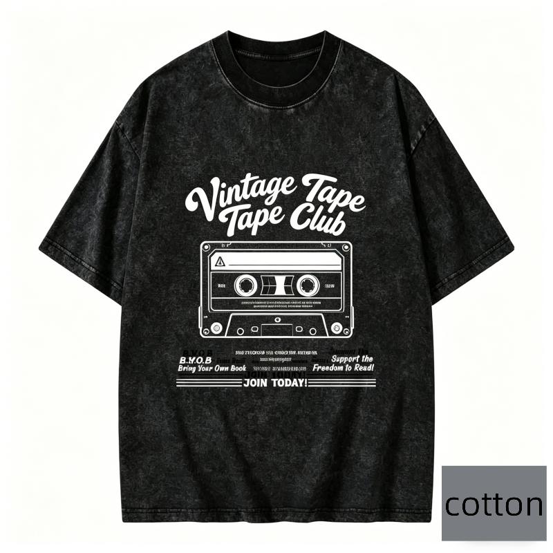 Korean Style Vintage Washed Shortsleeved Tshirt Cassette Tape Graphic Tee Oversized Top Men Women Loose Fit Streetwear Top