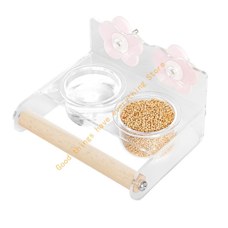 55KF Acrylic Double Feeding Cup Bird Feeder And Water Bowl With Perch Stand For Parrots Cockatiels Lovebirds Cage Accessories