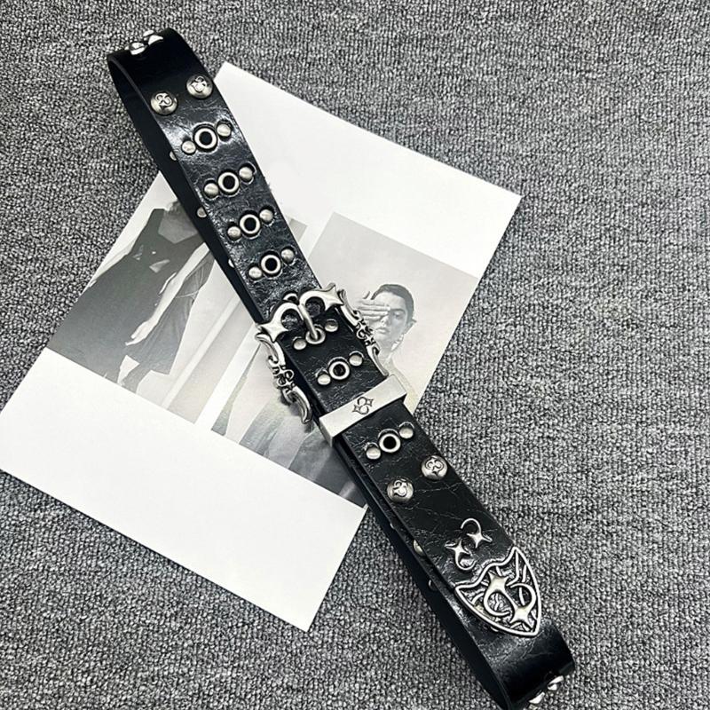 Punk 2000s Theme Waist Belt Adjustable PU Leather Wide Waistband With Rivets Studded Design For Jeans Pants Street Wear