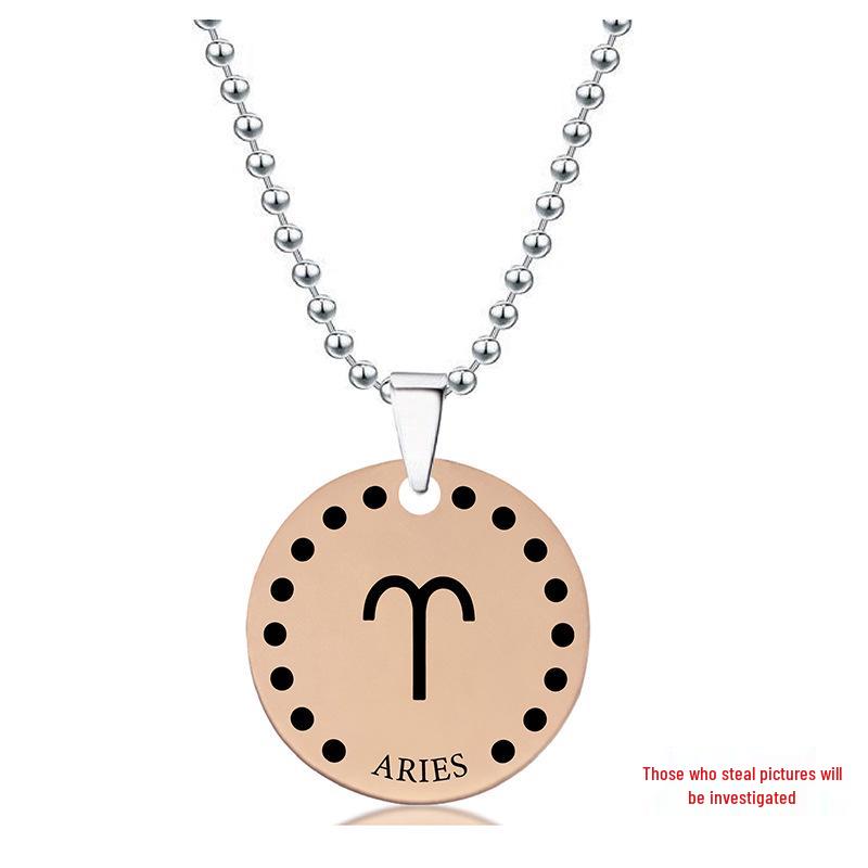 Rose Gold Stainless Steel Necklace with Twelve Constellations Engraved Round Tag - Christmas Holiday Gift