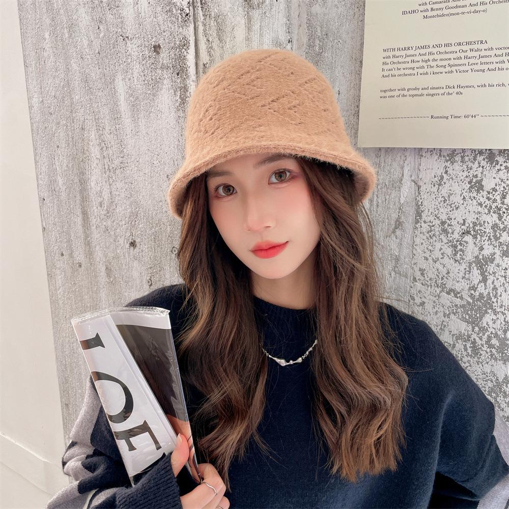 

Hat female autumn and winter rabbit fur knitted wool bucket hat plush double-sided bucket hat warm tide Adult (55-58cm) бежевий