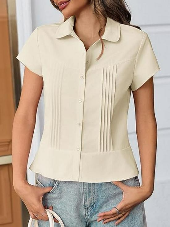2026 Spring/Summer Retro Slim Solid Color Lapel Short Sleeve Women's Shirt