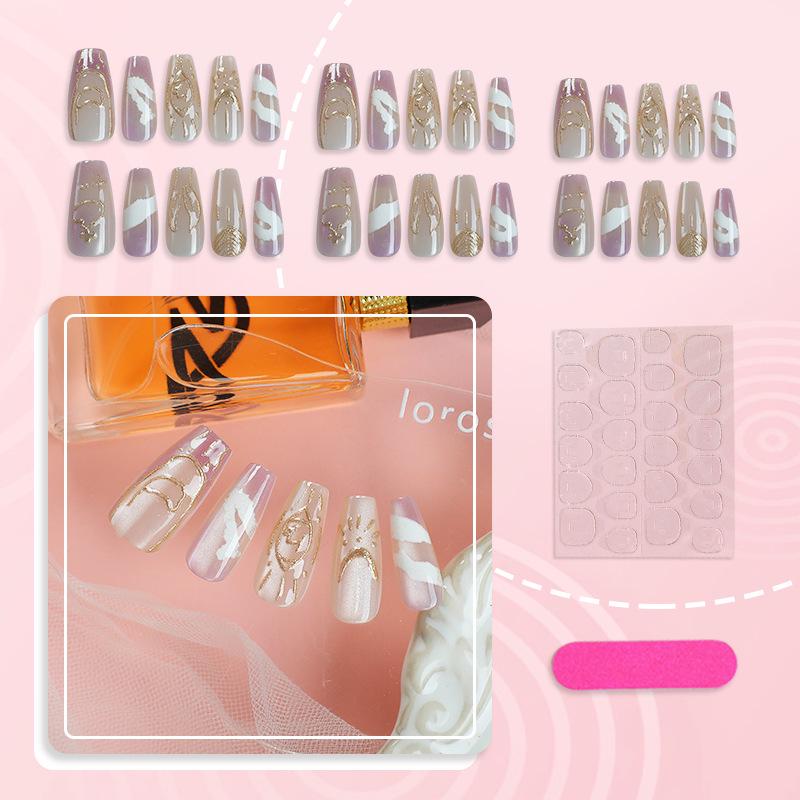 30pcs Exquisite Gold Cat Eye Purple Light Luxury Nail Tips