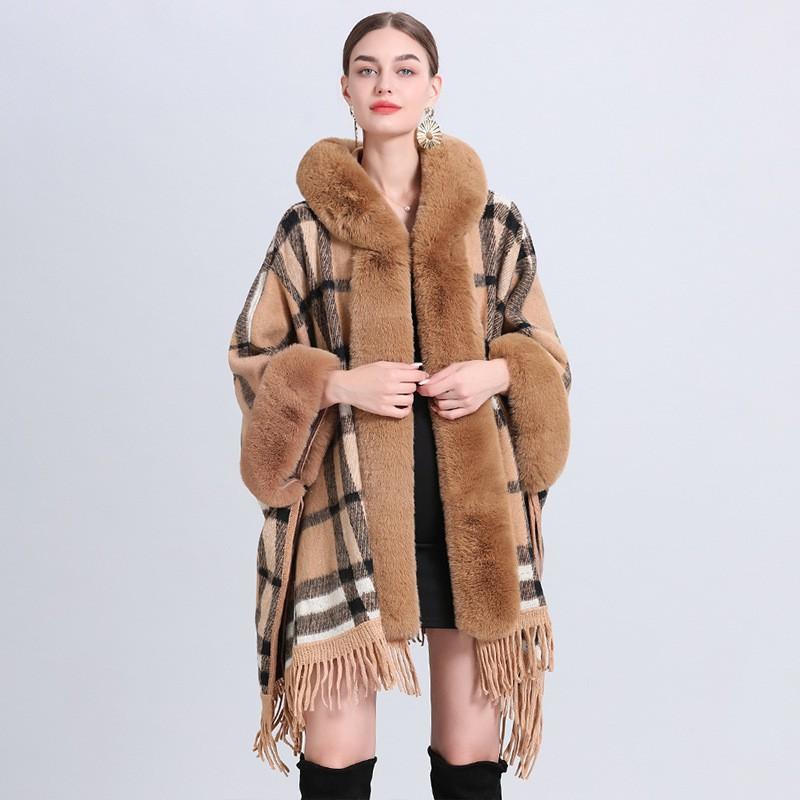 Womens Oversized Plaid Knit Cape Shawl With Fleece Lining Fur Trim Hooded Wrap Coat Winter