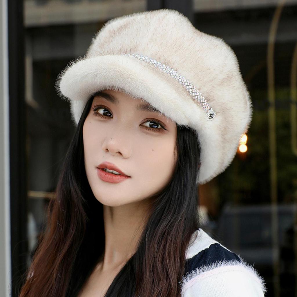 Luxury Faux Mink Fur Beret with Visor for Women, Winter Double Warmth Cotton Lined Hat, Stylish Outdoor Peaked Beret