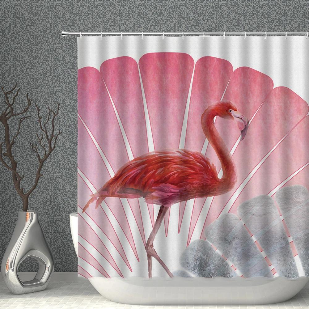 Pink Flamingo Shower Curtain Waterproof Fabric Black Background Tropical Plant Flamingos Print Bathroom Curtains Set Bath Screen