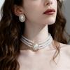 Vintage Oval Super Flash Pearl Bridal Necklace Women's Style Dress Wedding Dress Stud Earrings Necklace Set