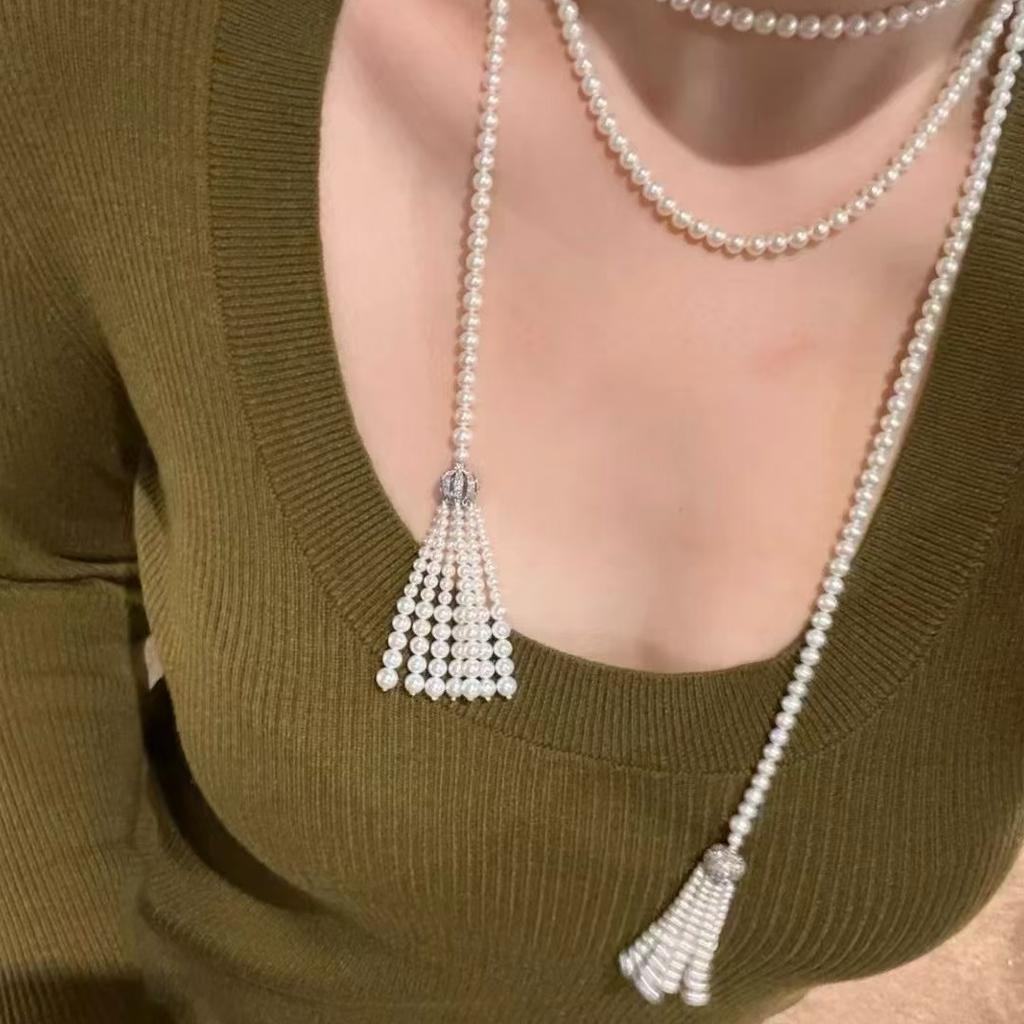 150cm Length 4-5mm AAA Grade Freshwater Pearl Pure Hand-Woven 925 Silver Charm Necklace Sweater Chain Tassel Style Women's