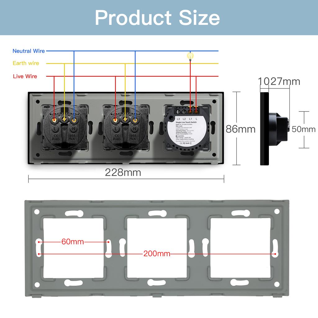 BSEED 1/2/3fach Touchschalter 1-Weg Lichtschalter mit EU-Wandsteckdosen USB Typ-C Steckdosen Glasplatte Schwarz