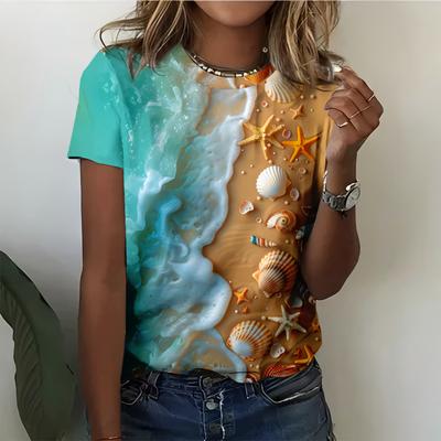 Turquoise Beach Theme Women's T-shirt 3D Shell And Starfish Design - Summer Ocean Atmosphere Coastal Leisure Style