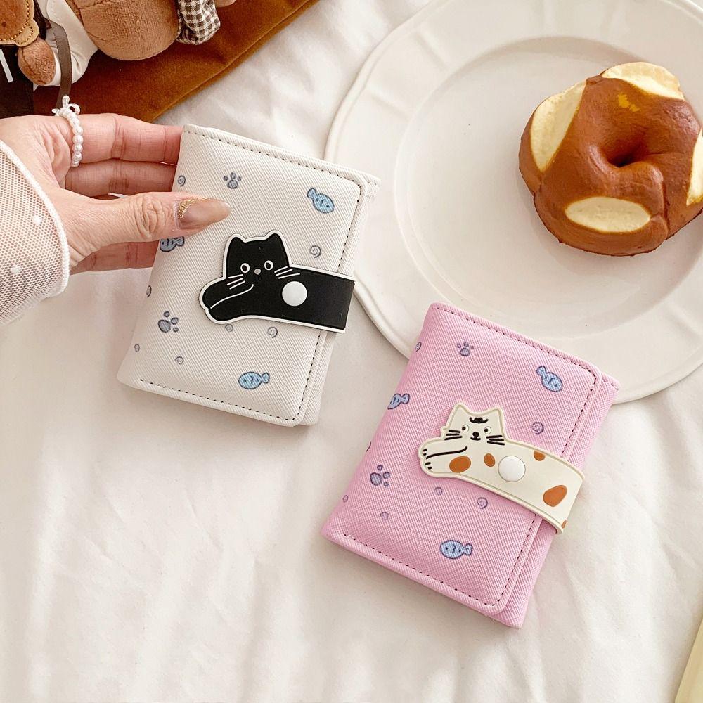 Card Pouch Portable Cat Printed Wallet PU Leather Cute Short Leather Purse Fashion Multiple Card Cat Patterned Card Bag Student