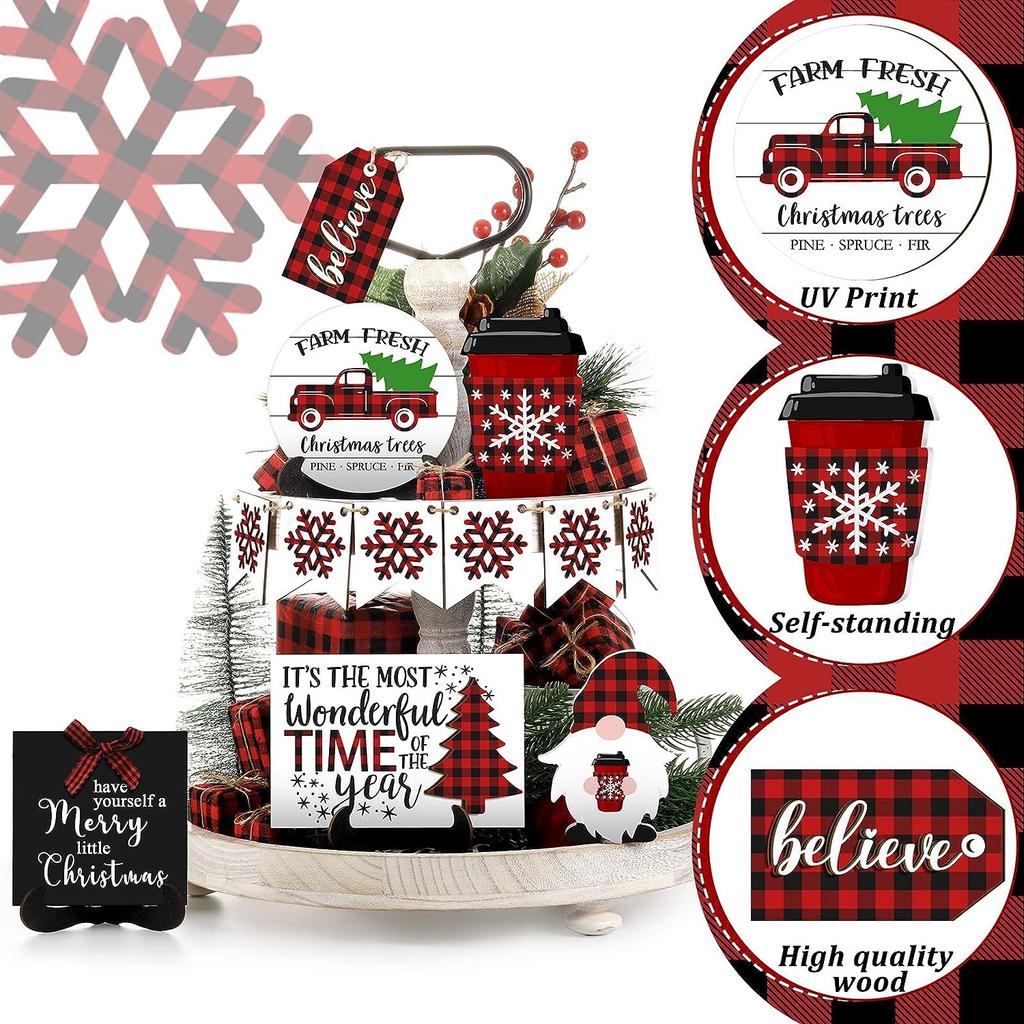 Christmas Decoration For Tiered Tray Christmas Table Sign Decor Tabletop Wooden  Indoor Winter Farm-house Home Party House Shelf Decoratio