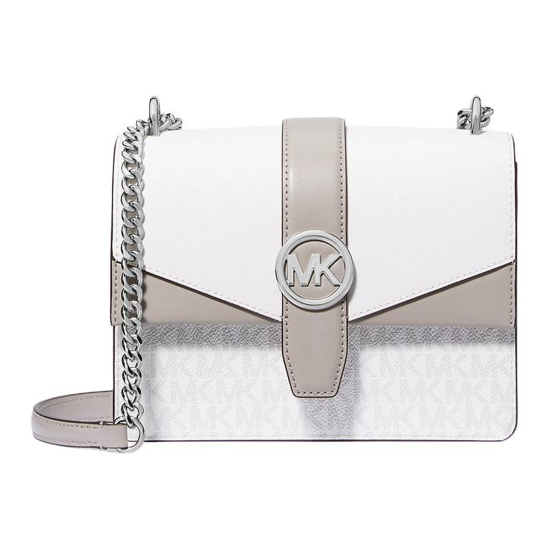 MICHAEL KORS Greenwich Logo Print Silver Hardware Coated Canvas Shoulder Bag Small Women s White серебряный