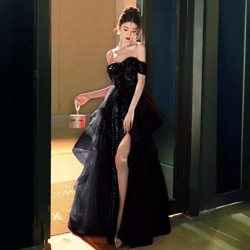 One-word shoulder black dress women's 1011 new summer high-end annual meeting host art test banquet light luxury evening dress