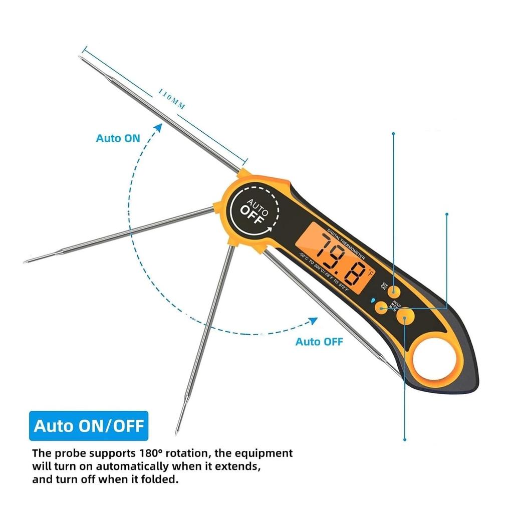 Großes digitales LCD-Lebensmittelthermometer - Schnelle, genaue Fleischtemperaturmessung, Haltefunktion, 180° ausklappbarer Schalter(C.)