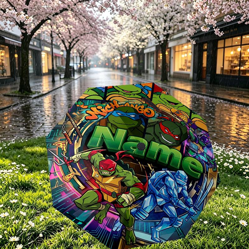 Custom Name Personalized Teenage Mutant Ninja Turtles Print Umbrella, Auto Open Close, 8‑Rib Sturdy Frame, Commute Camping Hiking Use, Birthday Gift
