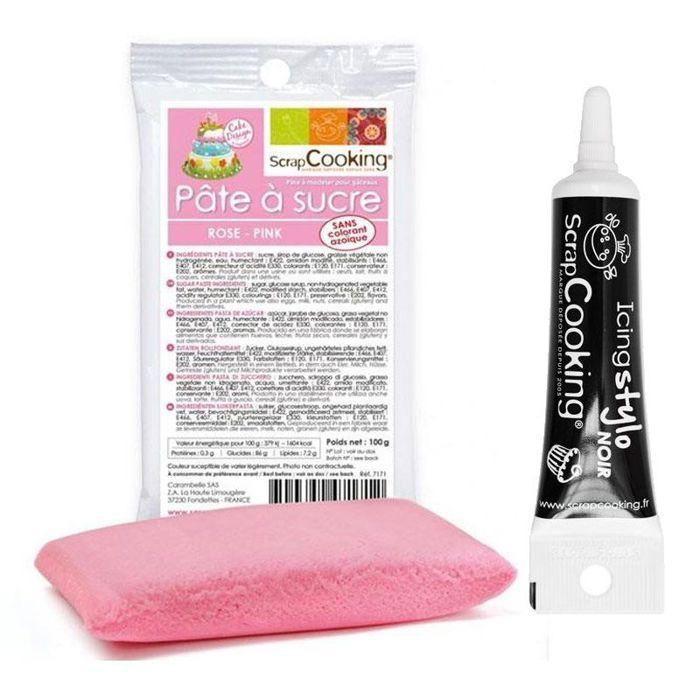 Pâte à sucre rose 100 g + Stylo de glaçage noir