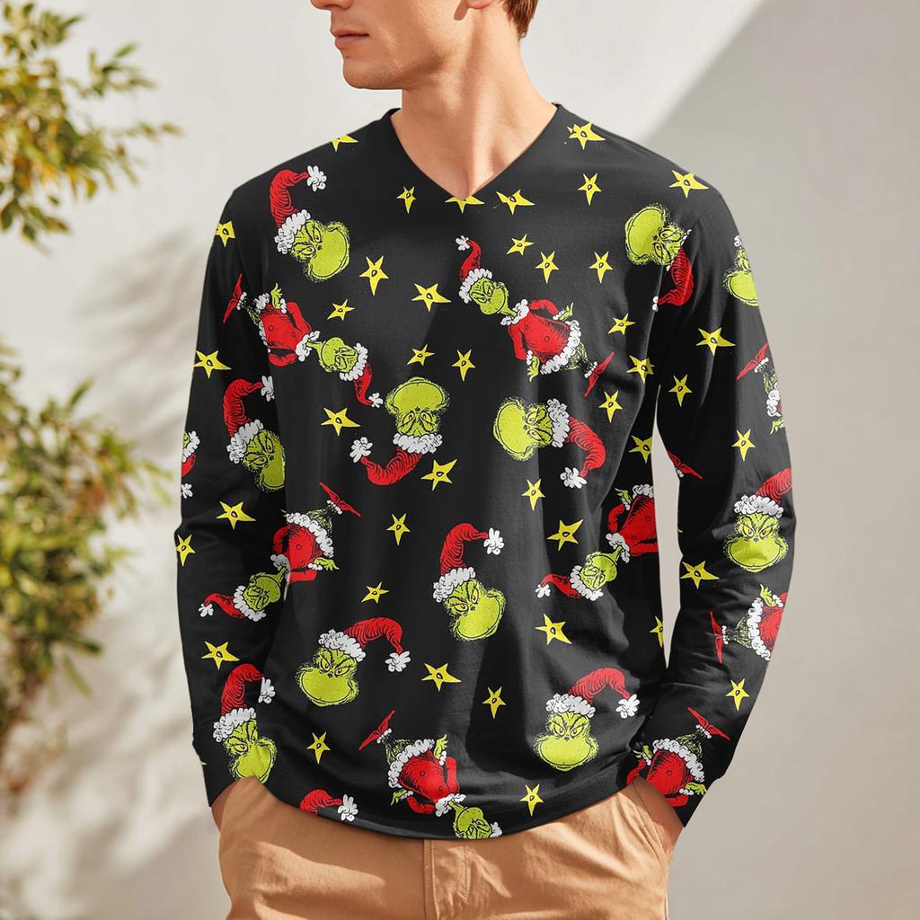 Men's Fashion Printed V-Neck Casual Long-Sleeved T-Shirt Bottoming Shirt Top