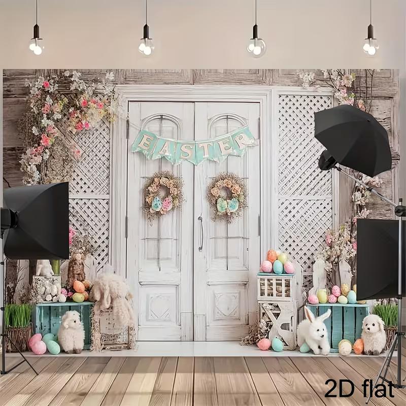 

2D Spring Easter Photography Backdrop, Rustic White Door with Floral Wreaths & Pastel Eggs Background Cloth 47.2x31.5inch/120*80cm