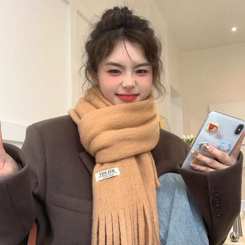 Solid Color Tassel Soft Waxy Plush Scarf for Women Autumn and Winter Plus Velvet Thickening Korean Style Versatile Couple Student Warm Scarf
