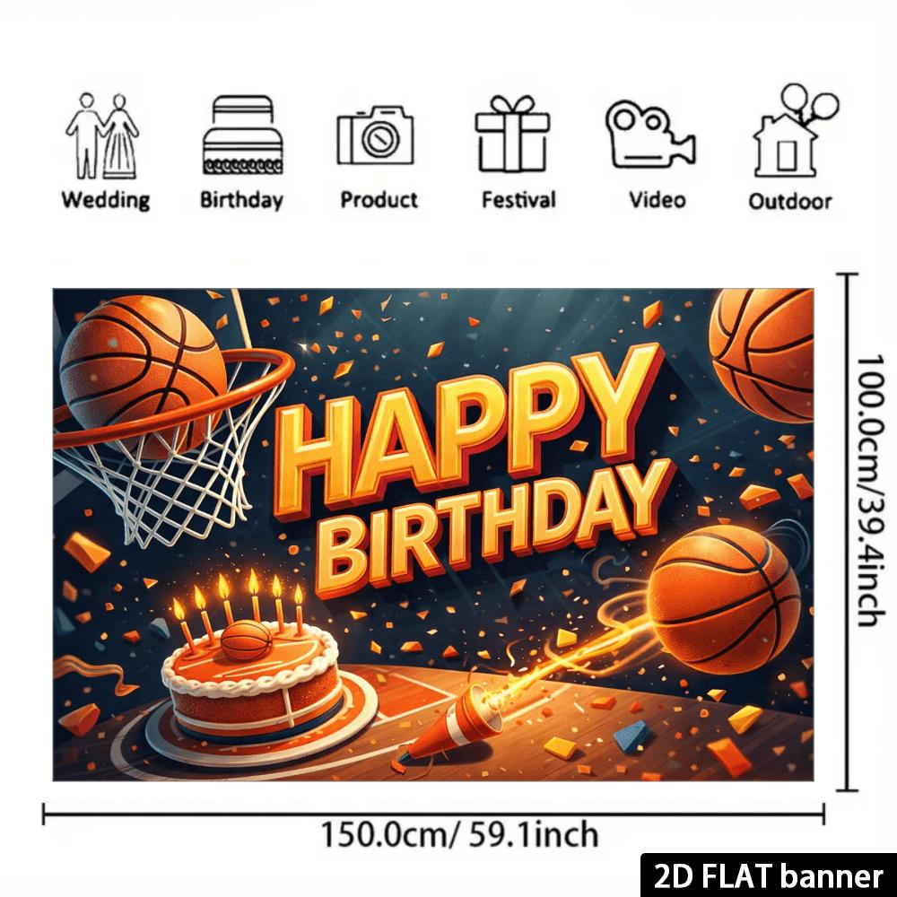 2D planar basketball-themed birthday banner background - basketball and birthday cake