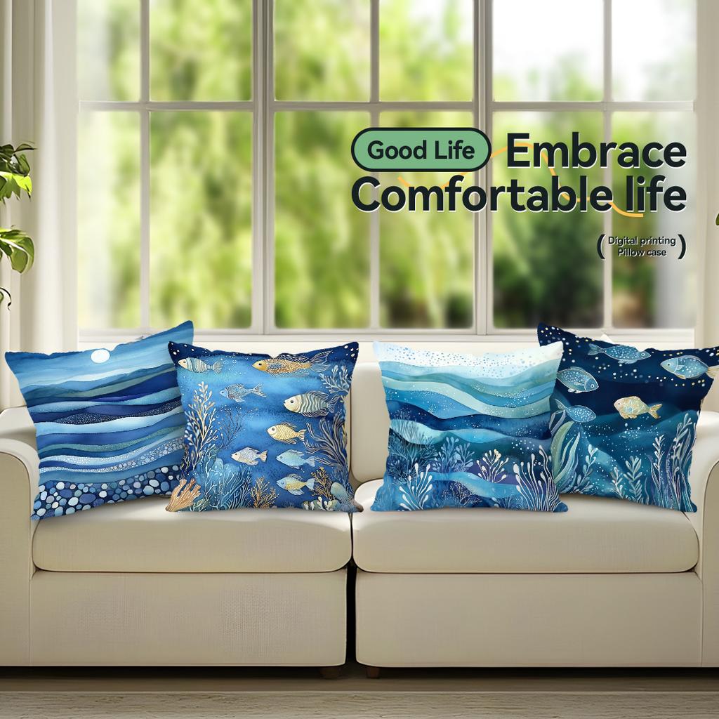 4pcs setblue and white waves Cushions Pillowcase Polyester Cushion Cover Throw Pillow Pillowcover Home Car Sofa Decor