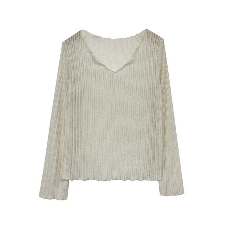 Korean loose milk white big neckline T-shirt women's summer fungus edge stacked wearing sunscreen blouse slightly transparent v-neck top