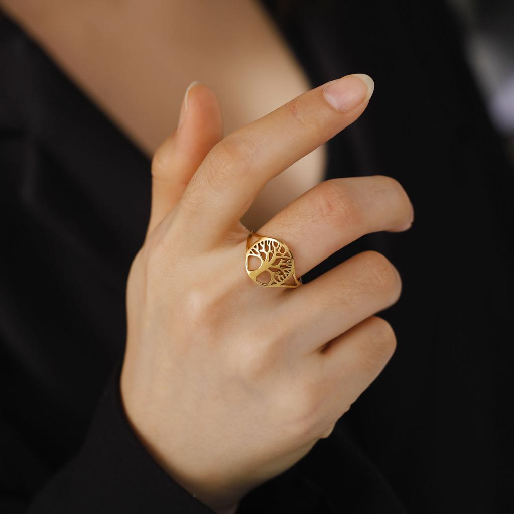 LIKGREAT Tree of Life Ring Gold Color Stainless Steel Adjustable Rings Fashion Jewelry Accessories Mother's Day Gift