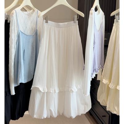 Spring New Korean Version of White Fungus Edge Bud Skirt for Women with A Character Medium and Long Skirt Covering the Hips and Swinging Skirt