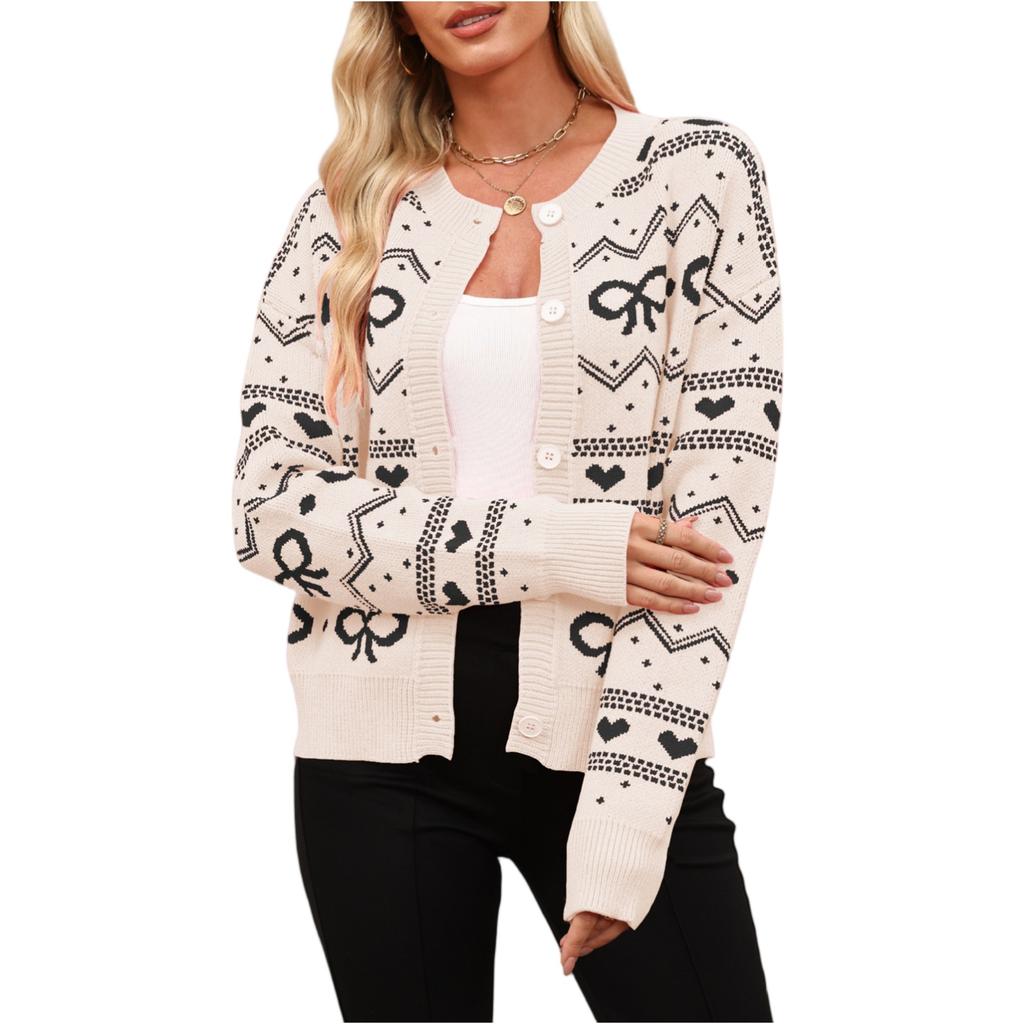 Women's Fashionable Round Neck Long Sleeved Heart-shaped Contrasting Button Casual Sweater Jacket