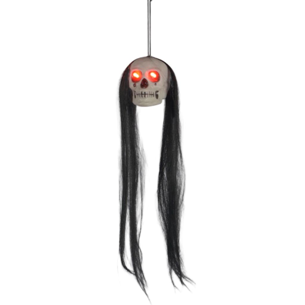 Halloween Hanging Skull Decoration with Long Hair and Light-Up Eyes for Indoor Outdoor Party Haunted House Scene Setup Prop