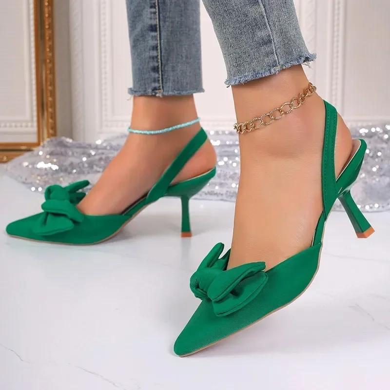 2026 Women's Shoes Summer New Style Bow Women's Slingback High Heels Sexy Dress Stiletto Pointed Toe Women's High Heels Women