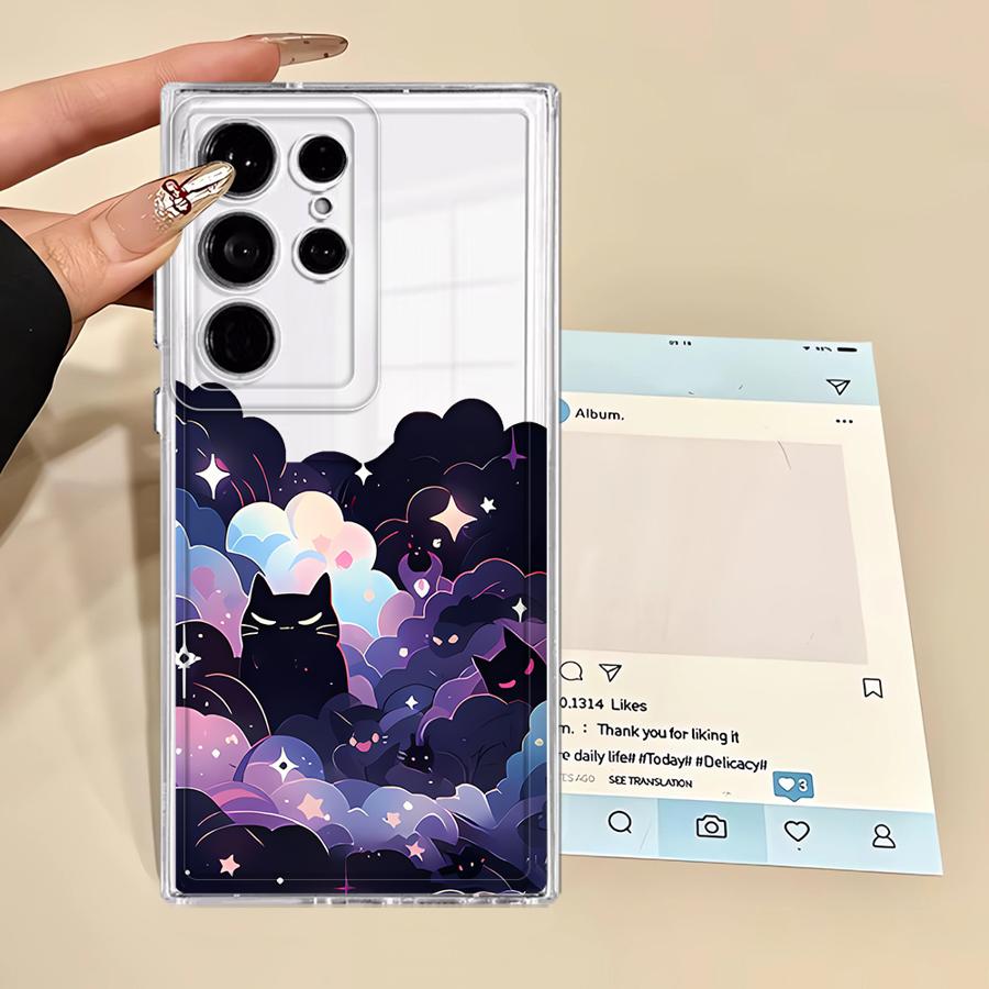 Phone Cover Case for Samsung Galaxy Note 20 Ultra 10 S23 Ultra S22 FE S26 S21 S24 S20 Plus S25 Edge Black Cat Starry Night