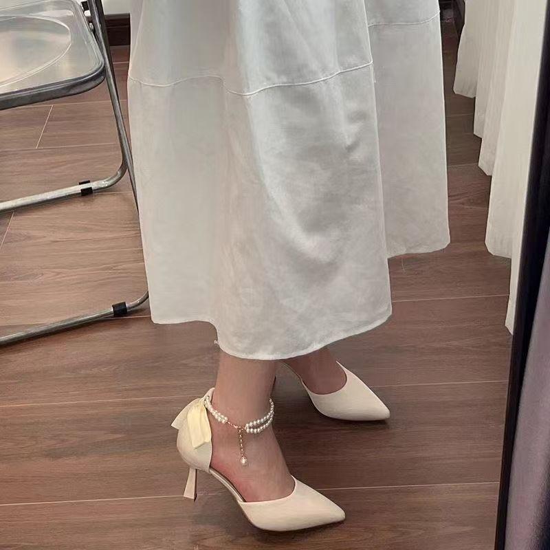 Bow Temperament Fashion Thin Heel Sandals Women 2025 New Korean Version Fairy Style Pearl Lace-up Pointed High Heels