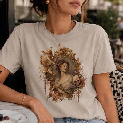 Renaissance Inspired T Shirt, Vintage Graphic Tee Women, Cherub Floral Shirt, Boho Style Tee, Art History Gift, Festival Outfit