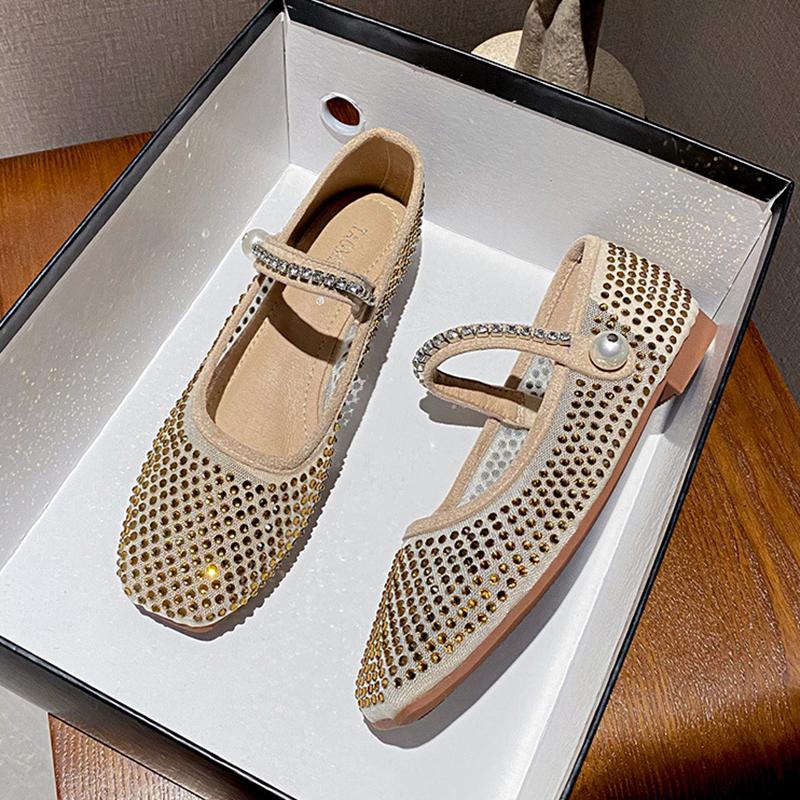 Modna Marka Siateczka Crystal zdobione płaskie buty damskie brokatowe baleriny kwadratowy nosek perłowe nity koronkowe buty mary jane duży rozmiar 43