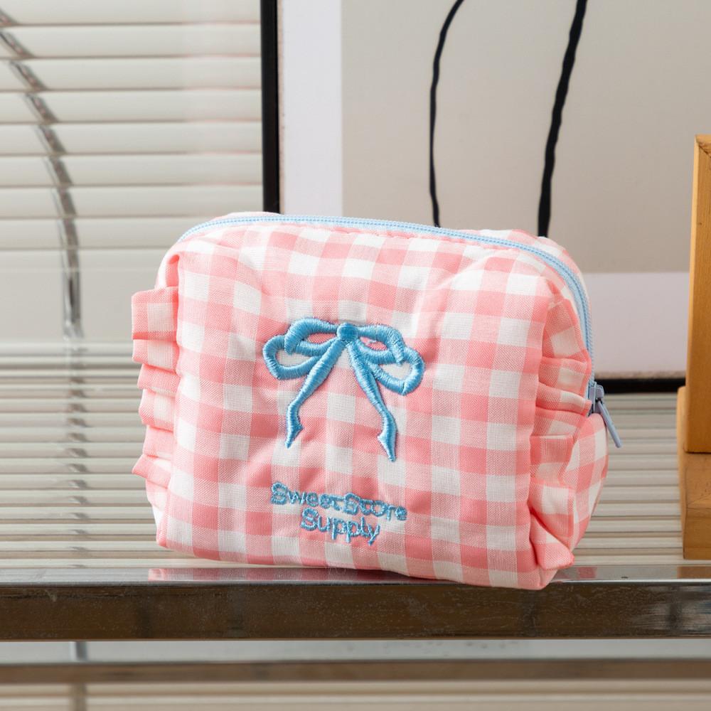 

Polyester Cute Plaid Makeup Bag With Bow For Travel And Dorm Use рожевий
