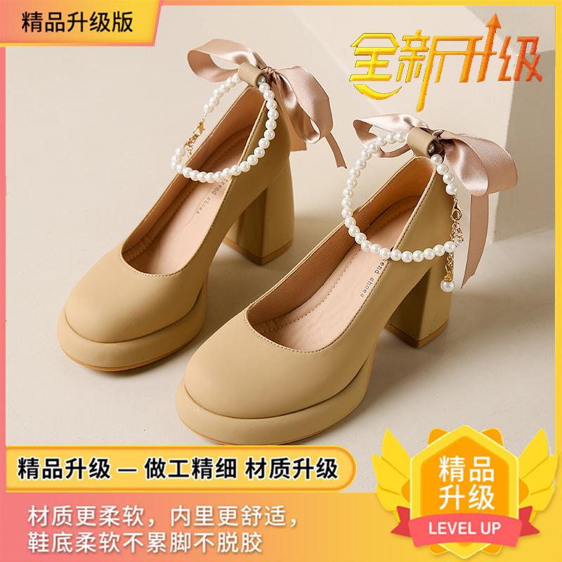 

Туфли Мэри Джейн женские 2025 весна новая бант жемчуг ремешок на подъеме высокий каблук толстый каблук одинарные туфли 40