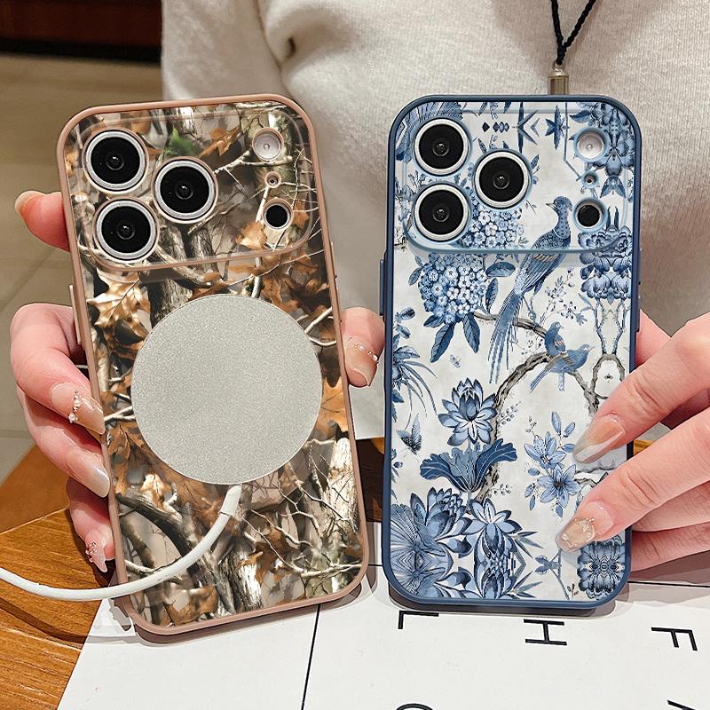 Tree Flowers Pattern Case For iPhone 17 Pro Max Funda iPhone 16 15 14 13 Pro Max Magnetic For Magsafe Hybrid Slim Matte Cover