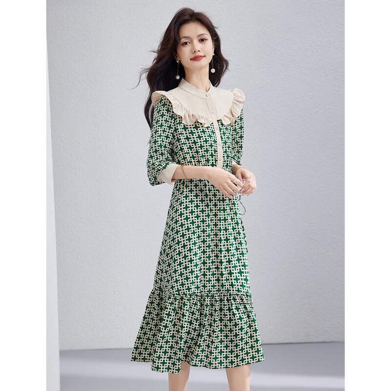 Elegant Ruffle Patchwork Long-Sleeve Dress XL зелёный