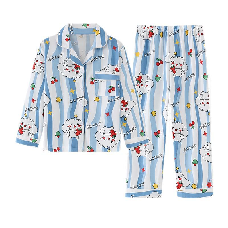 Children's Cartoon Print Pajama Set - Long Sleeve Cardigan with Turn-Down Collar, Imitation Cotton, for Spring and Autumn