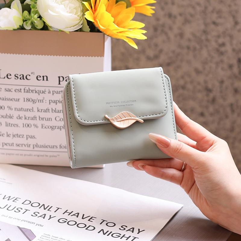 Wallet Women's Short Solid Color Zipper PU Leather Niche Women's Leaf Sub Coin Wallet