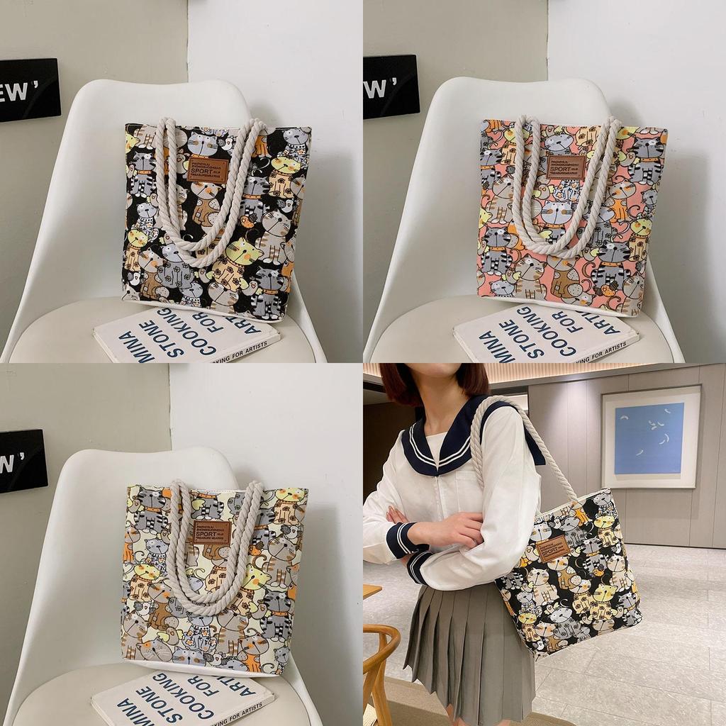 Cute Cartoon Cat Pattern Women Casual Large Capacity Canvas Bag For Daily Use And Street Fashion