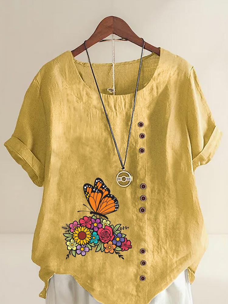 Women's Fashion Butterfly Flowers Print Casual Cotton Linen Short Sleeve Round Neck T-shirt Shirt Leisure Loose Summer Blouse Tops