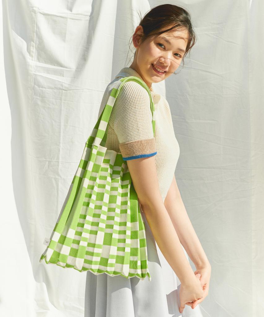 Pleatsmama Grid Green Shoulder Bag