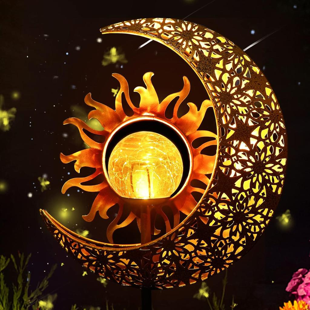 LICKLIP Garden Solar Lights Outdoor Decorative, Sun & Moon Crackle Glass Globe Metal Stake Light, Waterproof Warm White LED Light, Decorations for