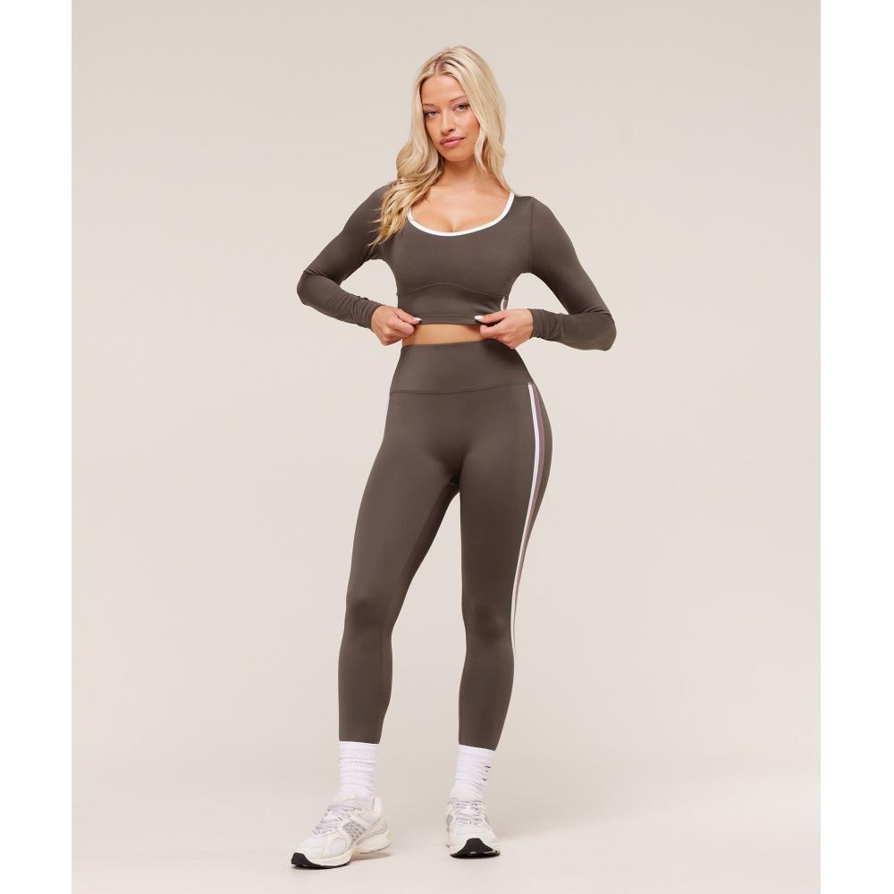 Gymshark Piping Long Sleeve Crop Top Walnut Brown Chestnut Pink Soft White B4c3t Nc87