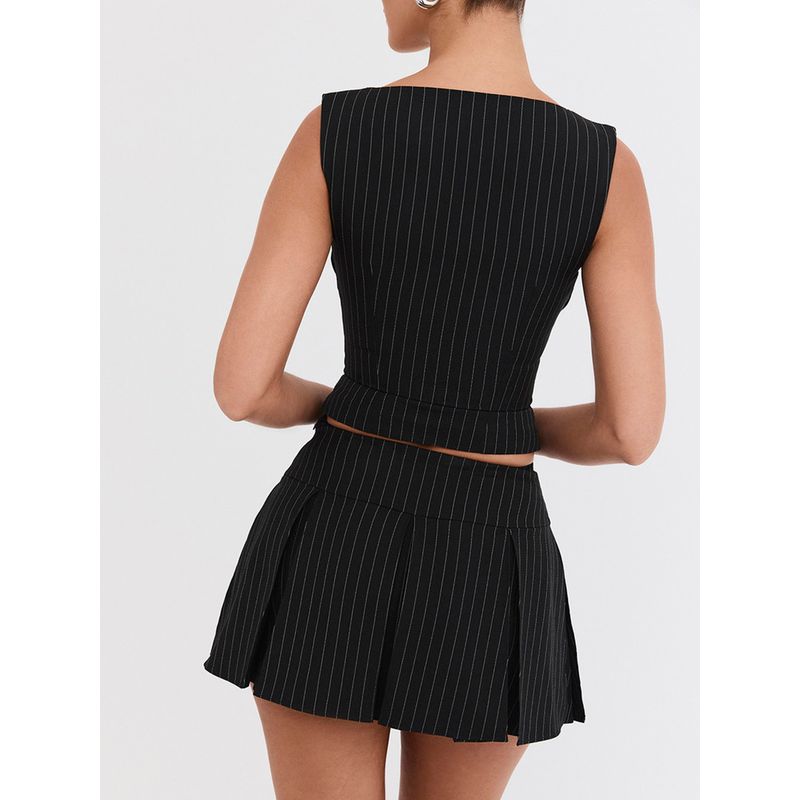 Hold Delicate Feeling House Same Style Sweet Cool Stripes Lace-up Waist-Controlled Small Sling Pleated A- line Skirt Suit